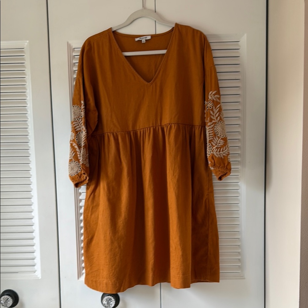 Madewell Orange Sundress with V-Neck and Bishop Sleeves
